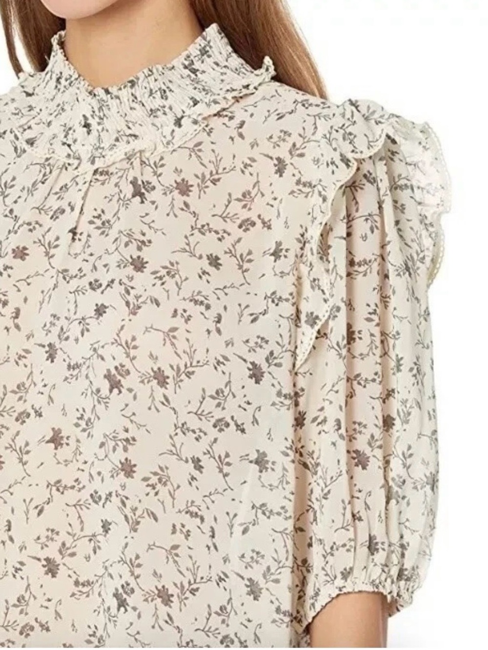 PREMISE - Romantic Cream Floral Ruffled Smoke Neck Top - M